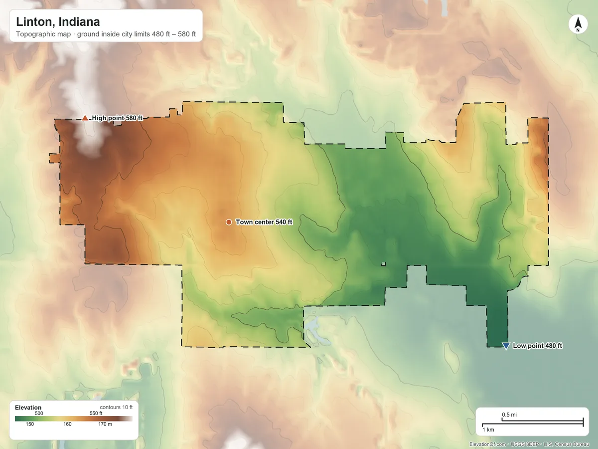 Topographic elevation map of Linton, Indiana, shaded from 480 ft on the southeast side to 580 ft on the northwest side