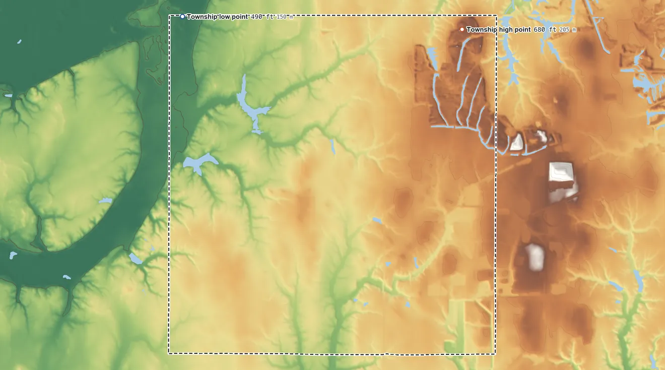 Topographic elevation map of Linton Township, Indiana, shaded from 490 ft on the northwest side to 680 ft on Sanford Hill