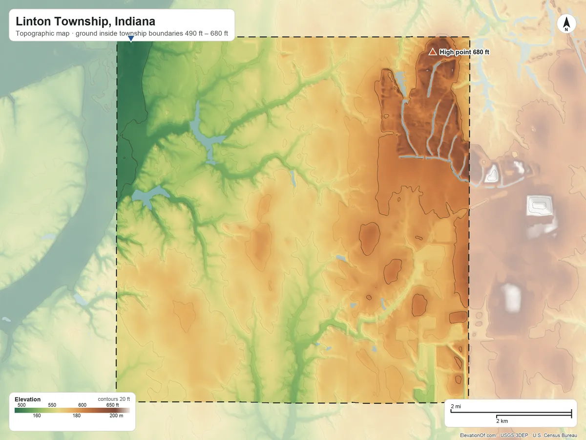 Topographic elevation map of Linton Township, Indiana, shaded from 490 ft on the northwest side to 680 ft on Sanford Hill