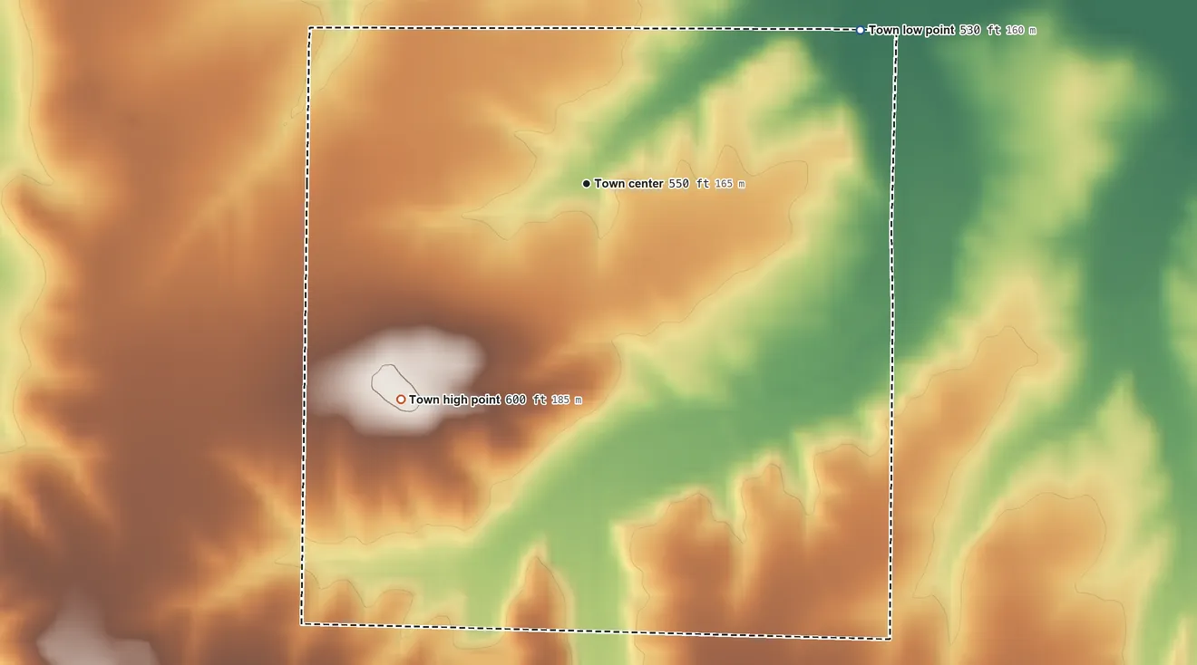 Topographic elevation map of Little York, Indiana, shaded from 530 ft on the northeast side to 600 ft on the southwest side