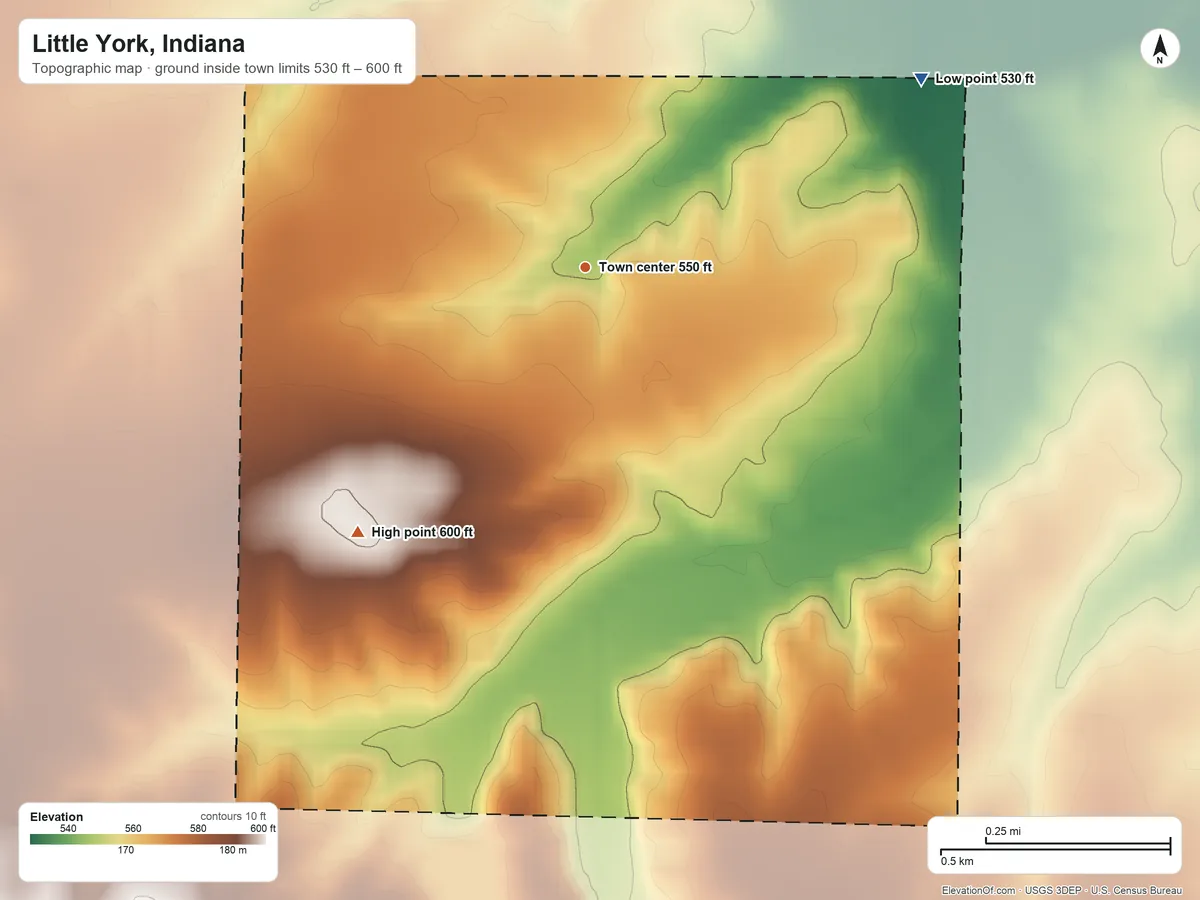 Topographic elevation map of Little York, Indiana, shaded from 530 ft on the northeast side to 600 ft on the southwest side