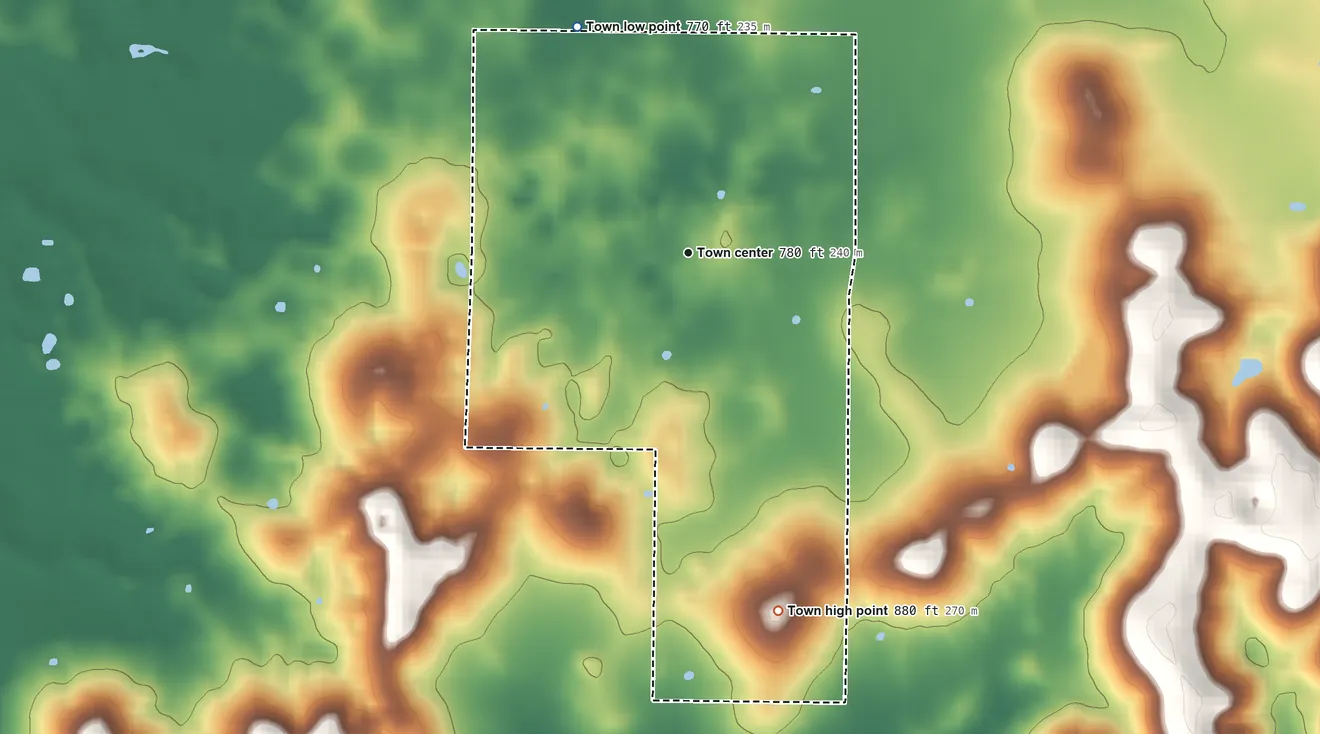 Topographic elevation map of Livonia, Indiana, shaded from 770 ft on the northwest side to 880 ft on the south side