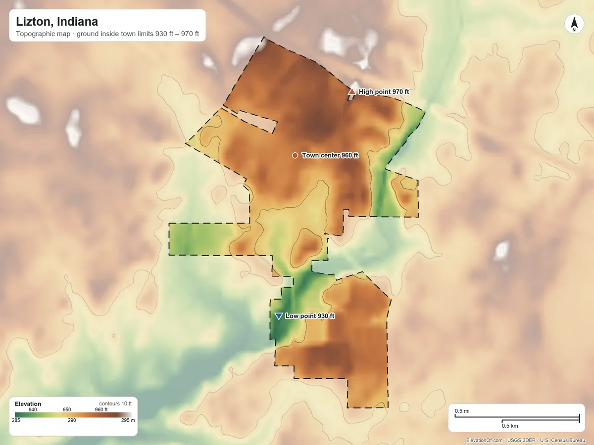 Topographic elevation map of Lizton, Indiana, shaded from 930 ft on the south side to 970 ft on the northeast side