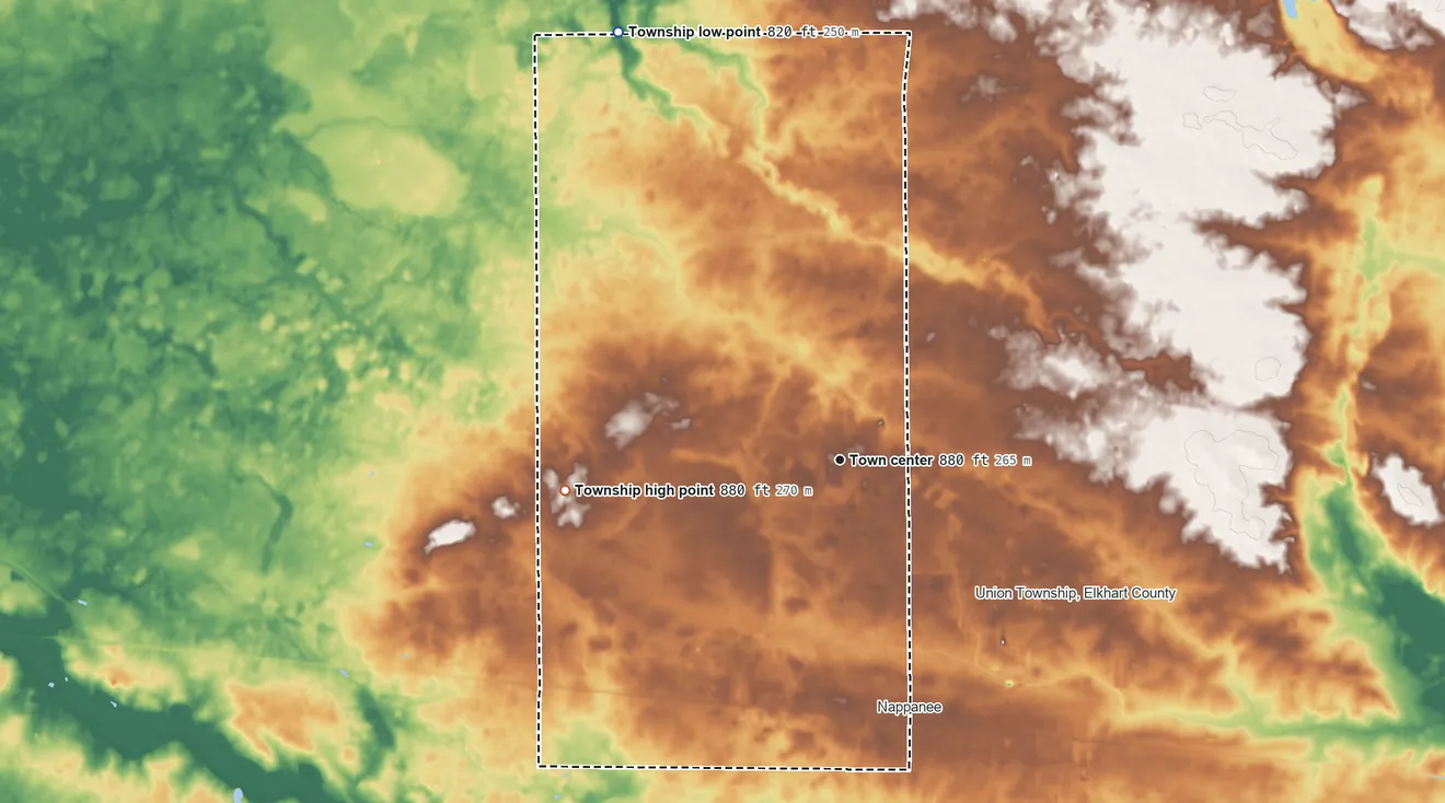 Topographic elevation map of Locke Township, Indiana, shaded from 820 ft on the northwest side to 880 ft on the west side