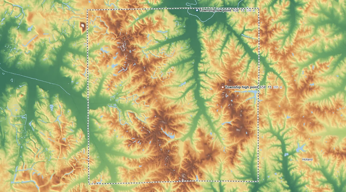 Topographic elevation map of Lockhart Township, Indiana, shaded from 430 ft on the north side to 650 ft on the east side