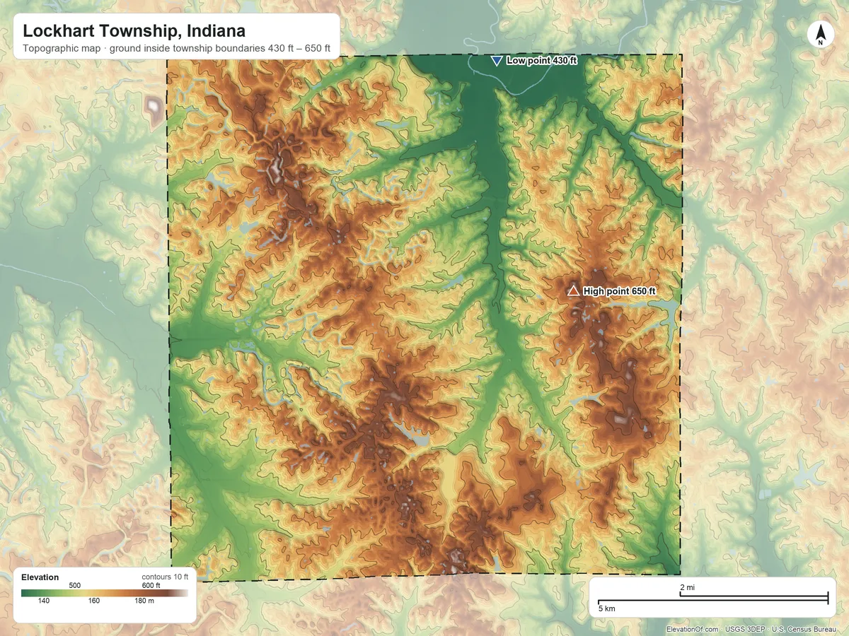 Topographic elevation map of Lockhart Township, Indiana, shaded from 430 ft on the north side to 650 ft on the east side