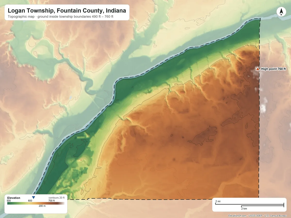 Topographic elevation map of Logan Township, Fountain County, Indiana, shaded from 490 ft on the southwest side to 760 ft on the east side
