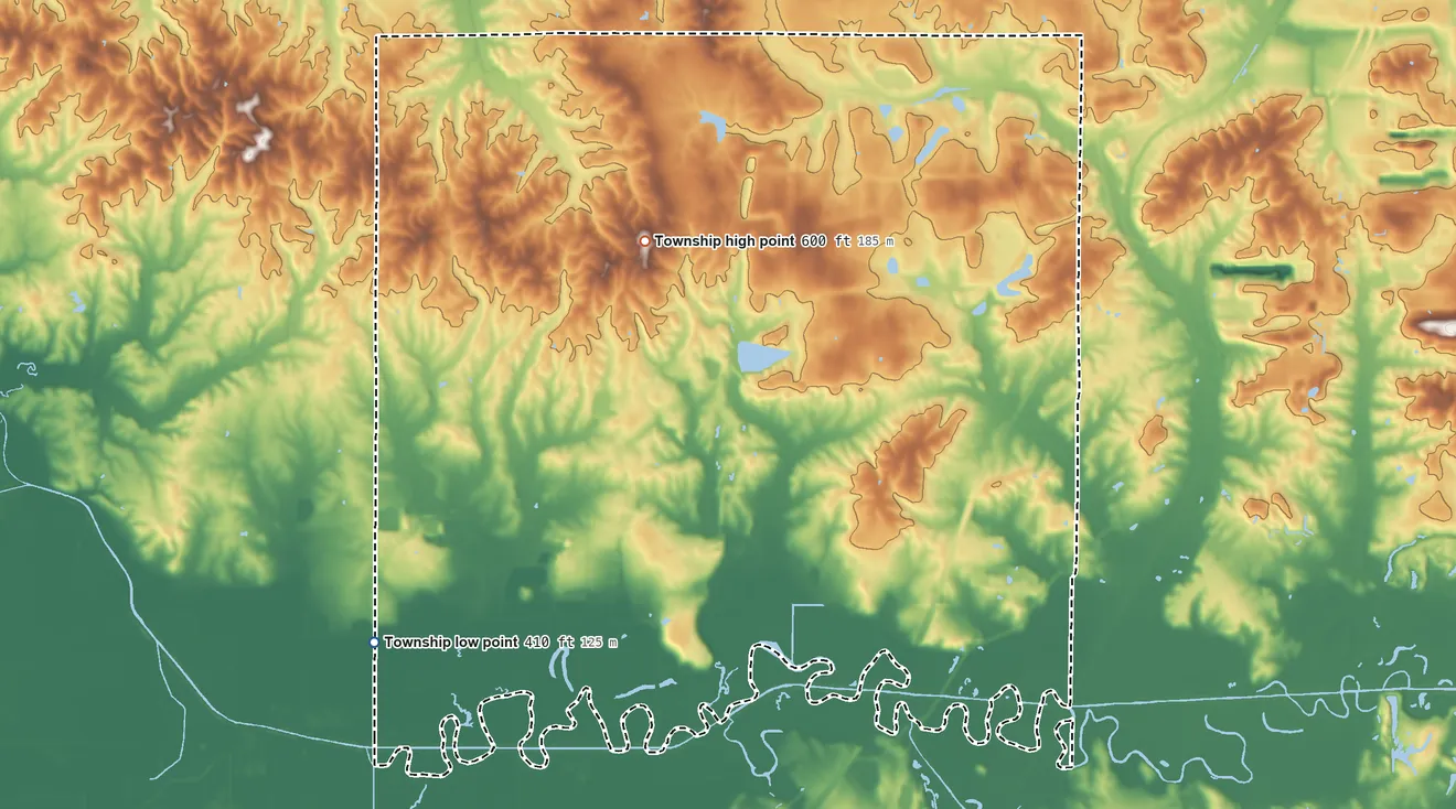 Topographic elevation map of Logan Township, Pike County, Indiana, shaded from 410 ft on the southwest side to 600 ft on the northwest side