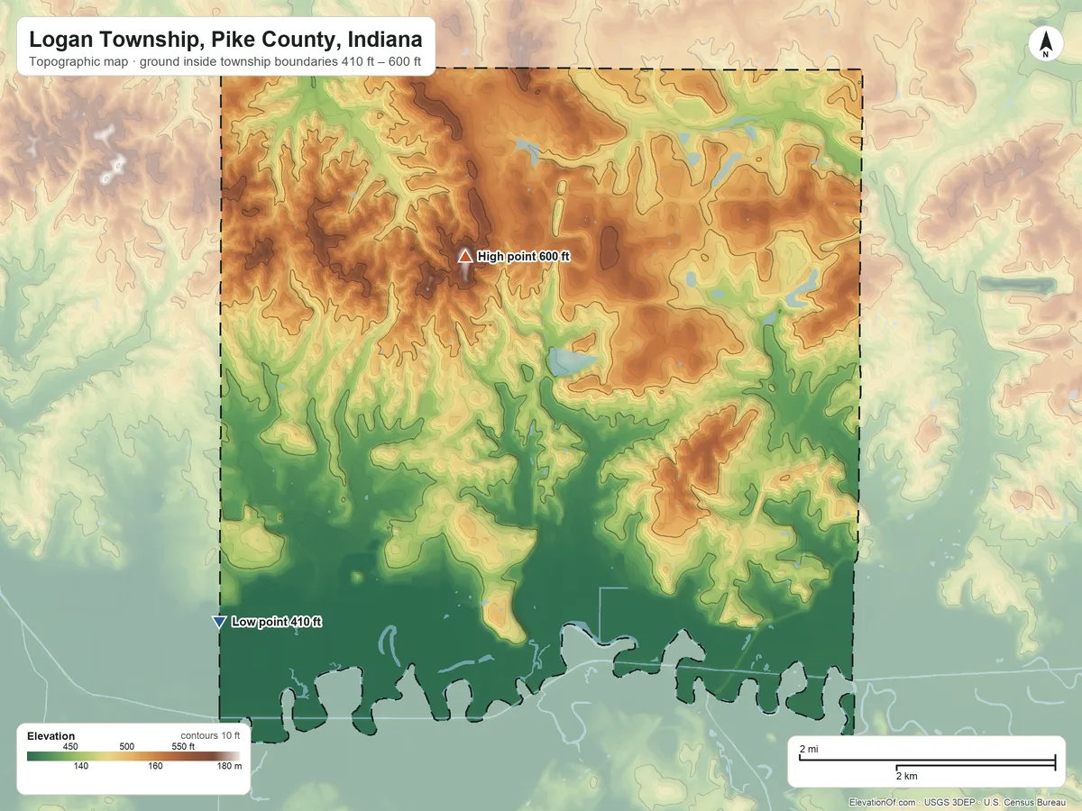 Topographic elevation map of Logan Township, Pike County, Indiana, shaded from 410 ft on the southwest side to 600 ft on the northwest side