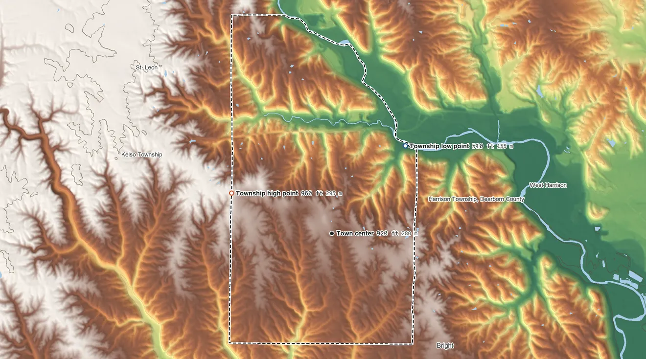 Topographic elevation map of Logan Township, Indiana, shaded from 510 ft on the northeast side to 960 ft on the west side