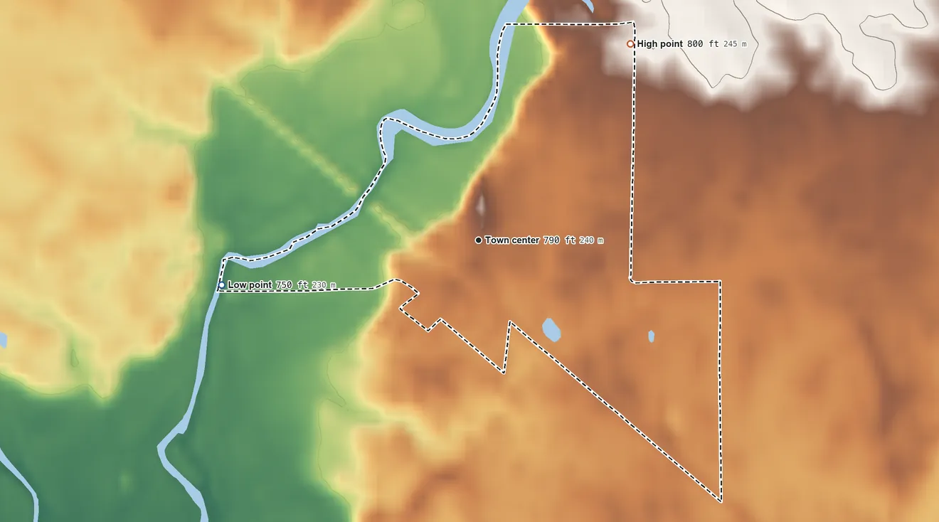 Topographic elevation map of London, Indiana, shaded from 750 ft on the west side to 800 ft on the northeast side