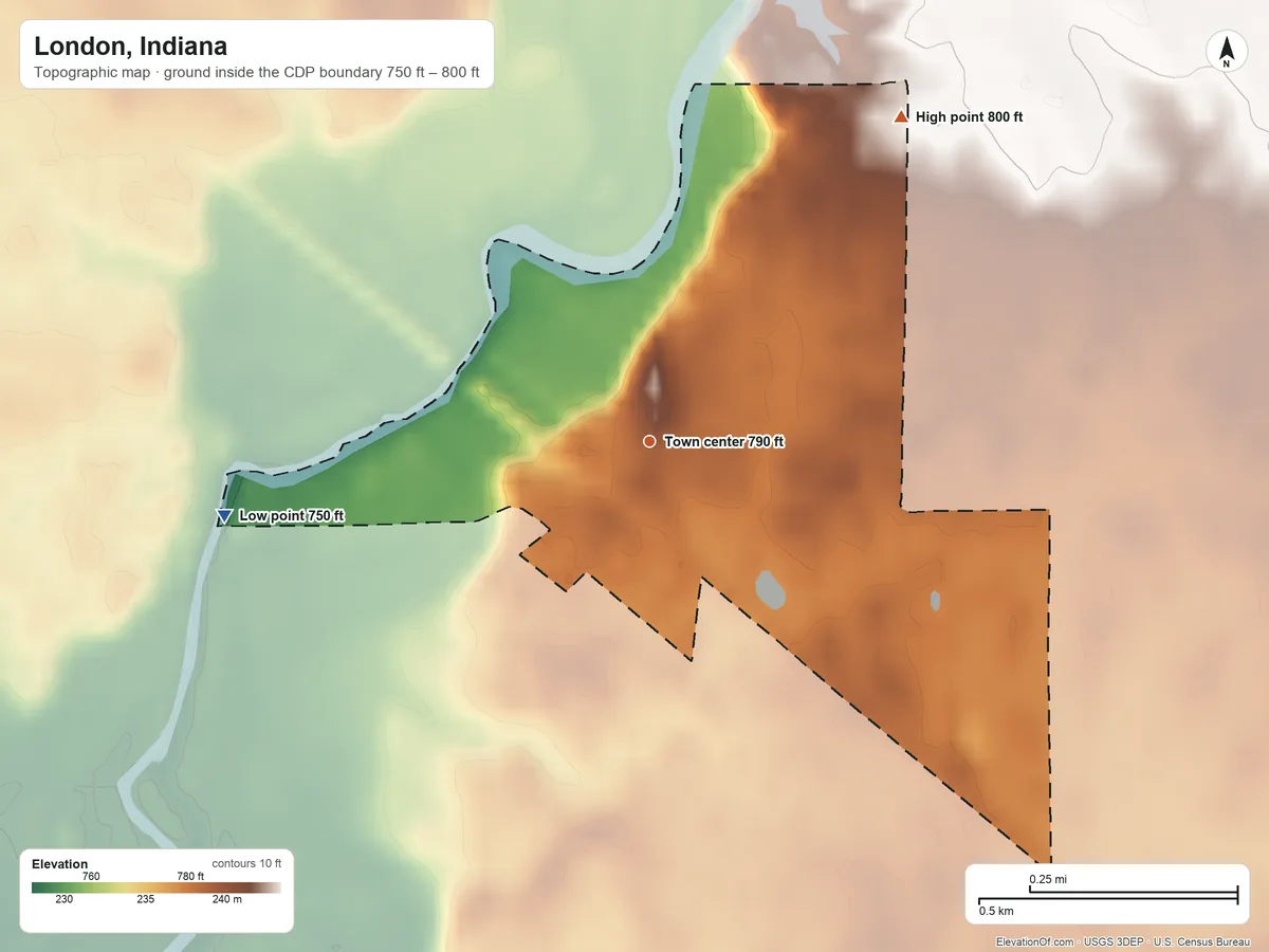 Topographic elevation map of London, Indiana, shaded from 750 ft on the west side to 800 ft on the northeast side