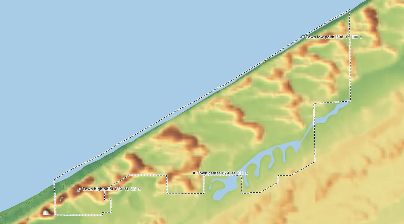 Topographic elevation map of Long Beach, Indiana, shaded from 590 ft on the northeast side to 680 ft on the west side