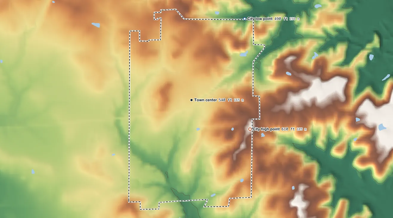 Topographic elevation map of Loogootee, Indiana, shaded from 490 ft on the northeast side to 610 ft on the southeast side