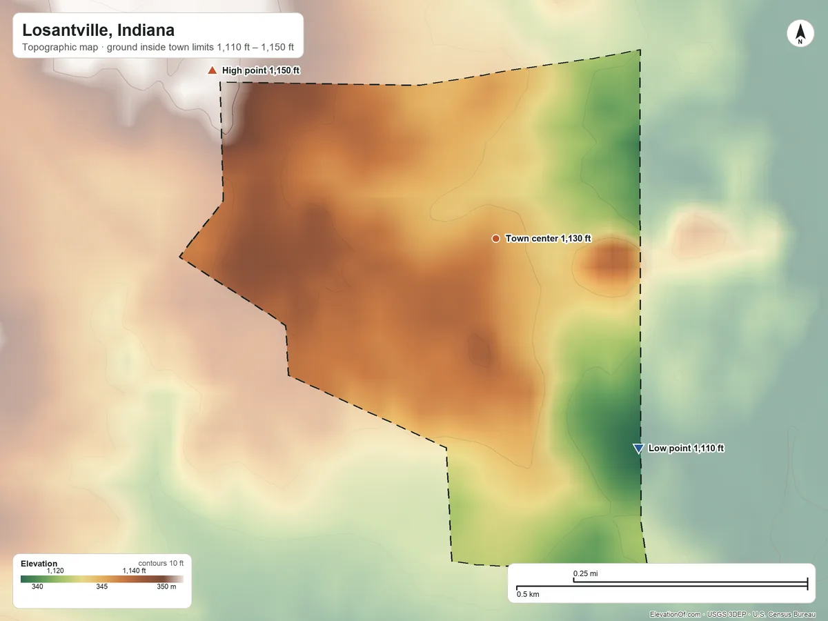 Topographic elevation map of Losantville, Indiana, shaded from 1,110 ft on the southeast side to 1,150 ft on the northwest side