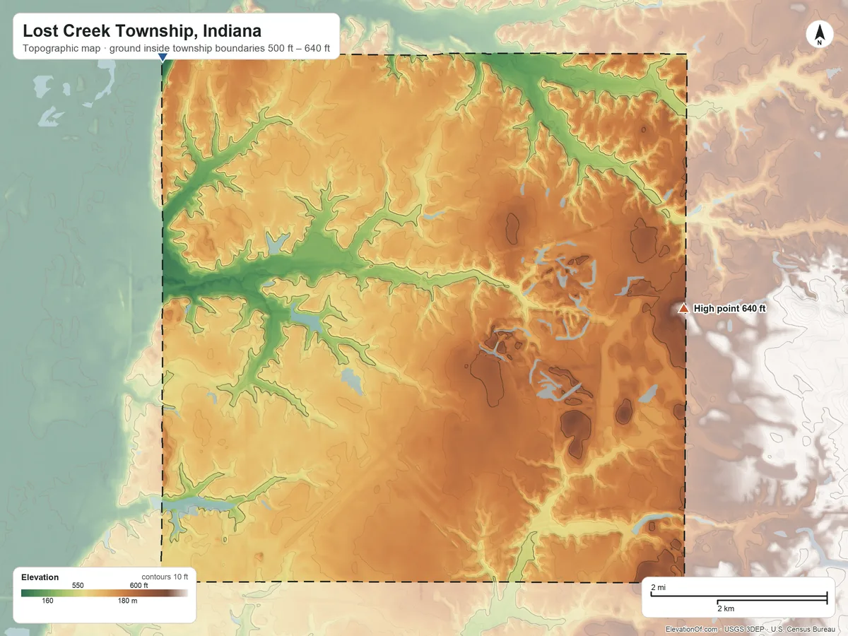 Topographic elevation map of Lost Creek Township, Indiana, shaded from 500 ft on the northwest side to 640 ft on the east side
