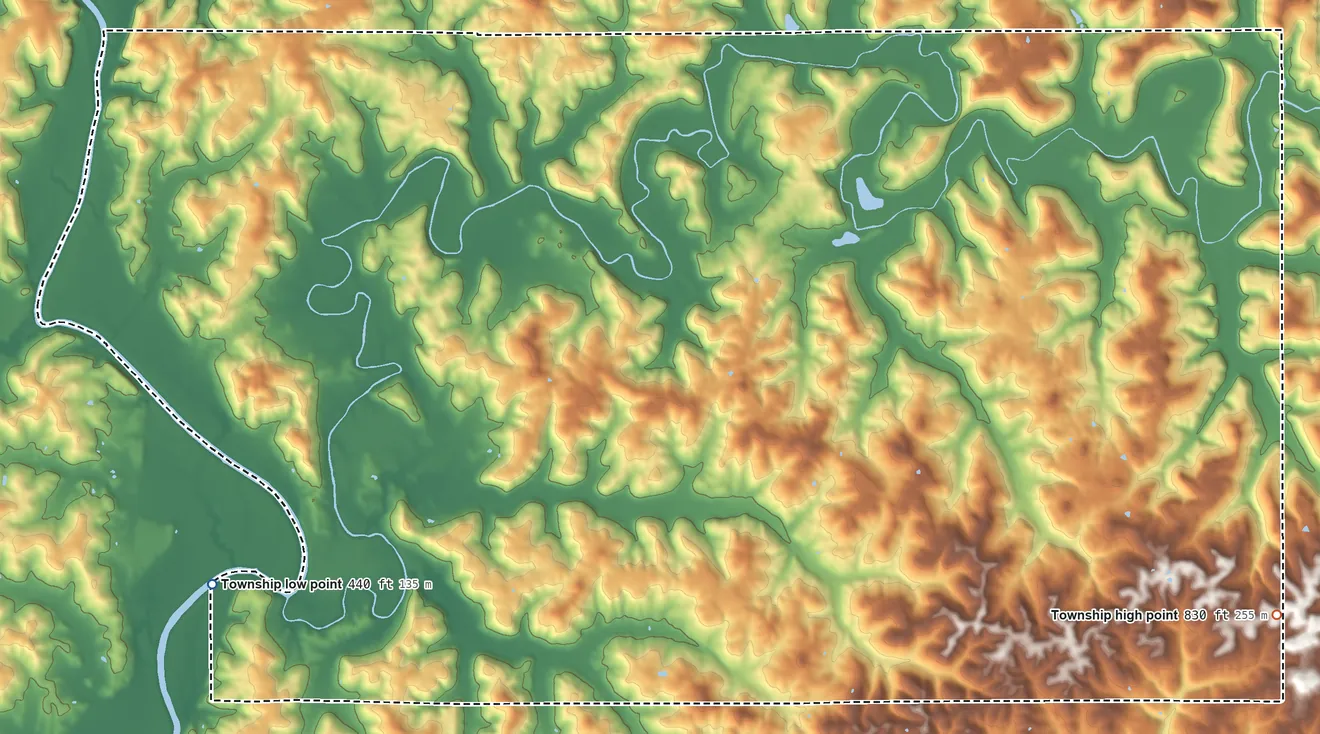 Topographic elevation map of Lost River Township, Indiana, shaded from 440 ft on the southwest side to 830 ft on the southeast side