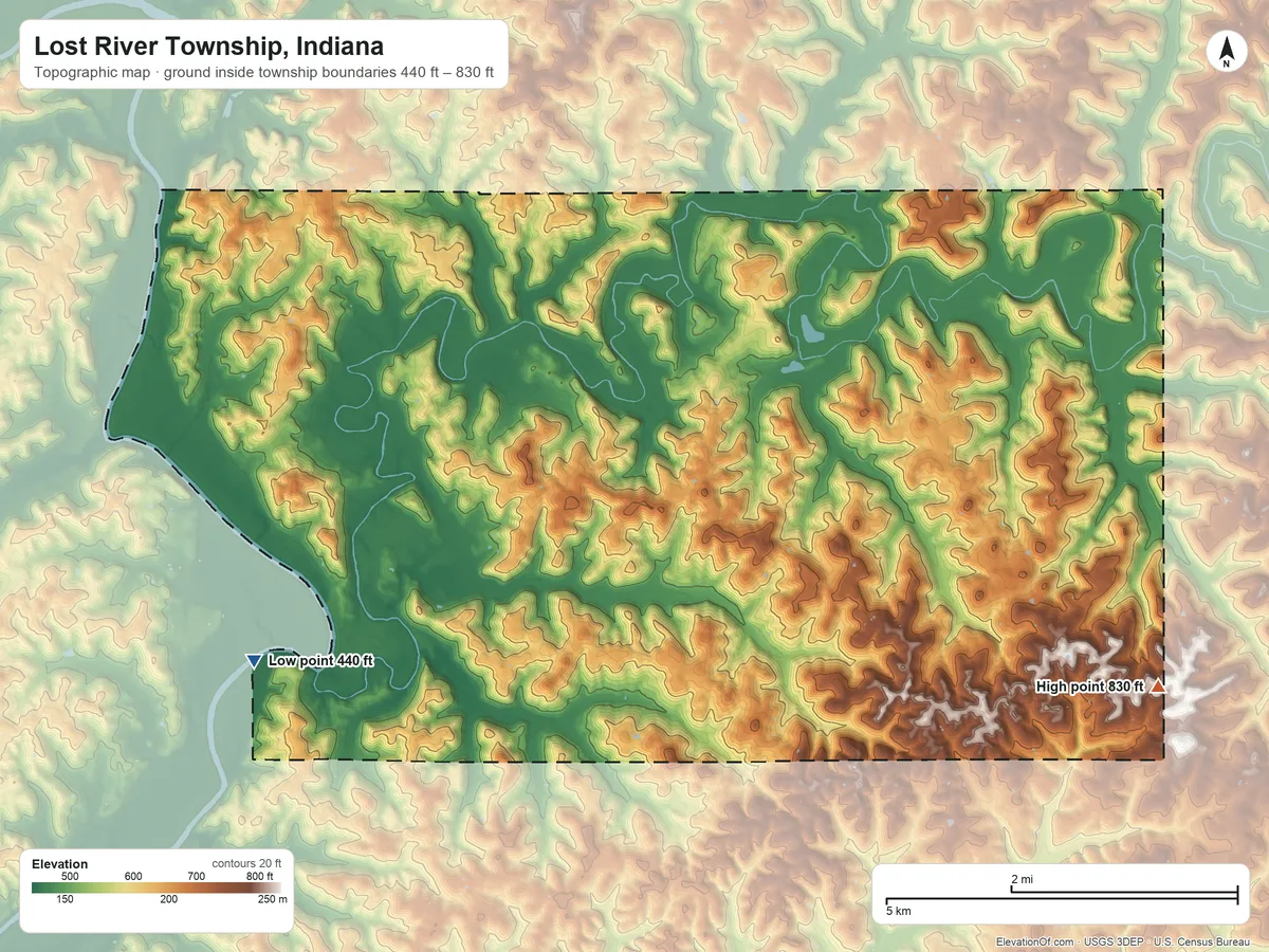Topographic elevation map of Lost River Township, Indiana, shaded from 440 ft on the southwest side to 830 ft on the southeast side