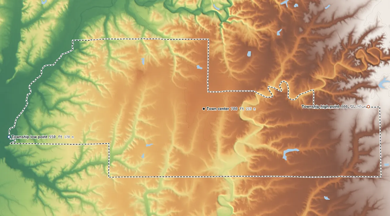 Topographic elevation map of Lovett Township, Indiana, shaded from 550 ft on the west side to 800 ft on the east side
