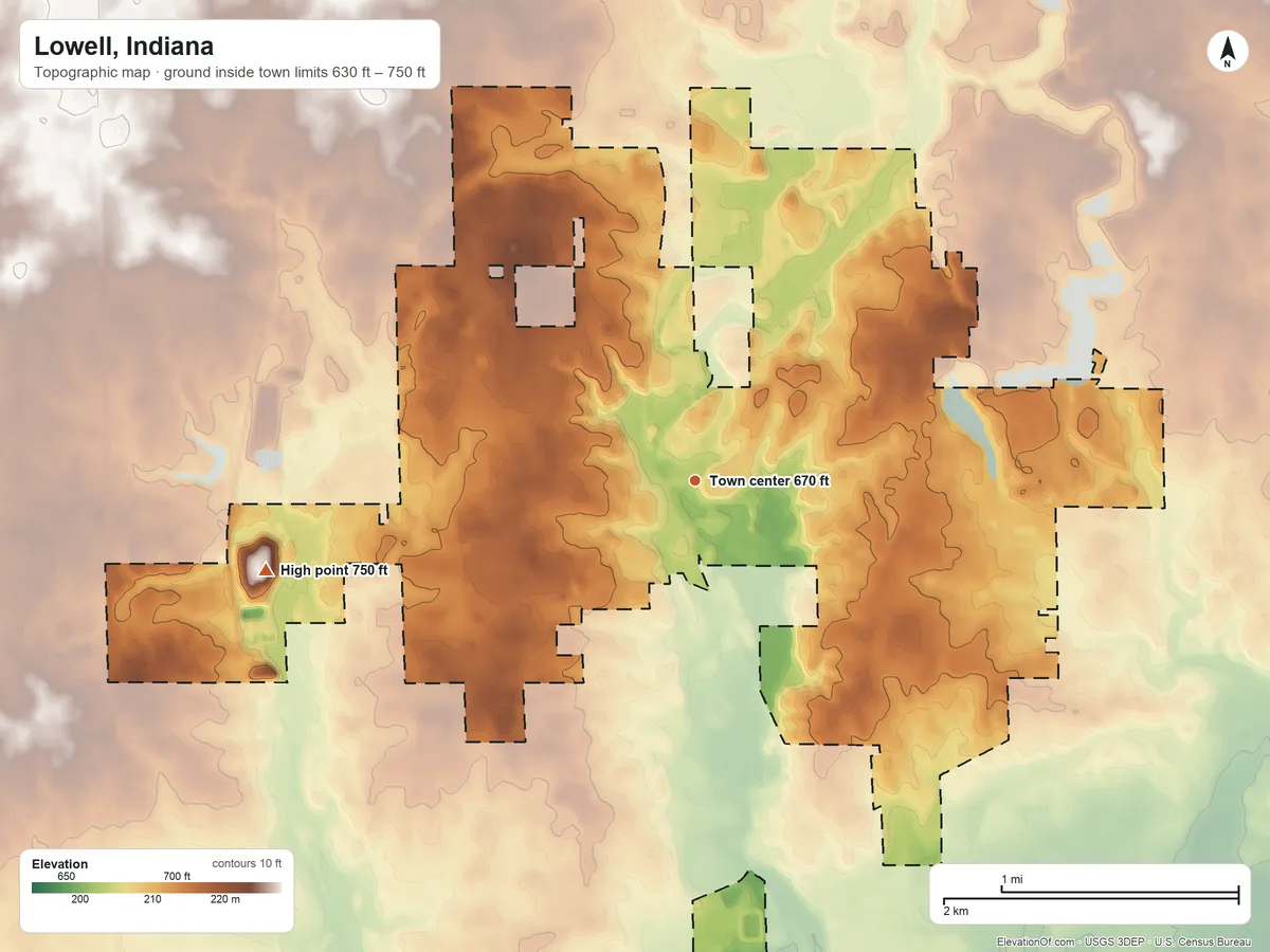 Topographic elevation map of Lowell, Indiana, shaded from 630 ft on the southeast side to 750 ft on the west side