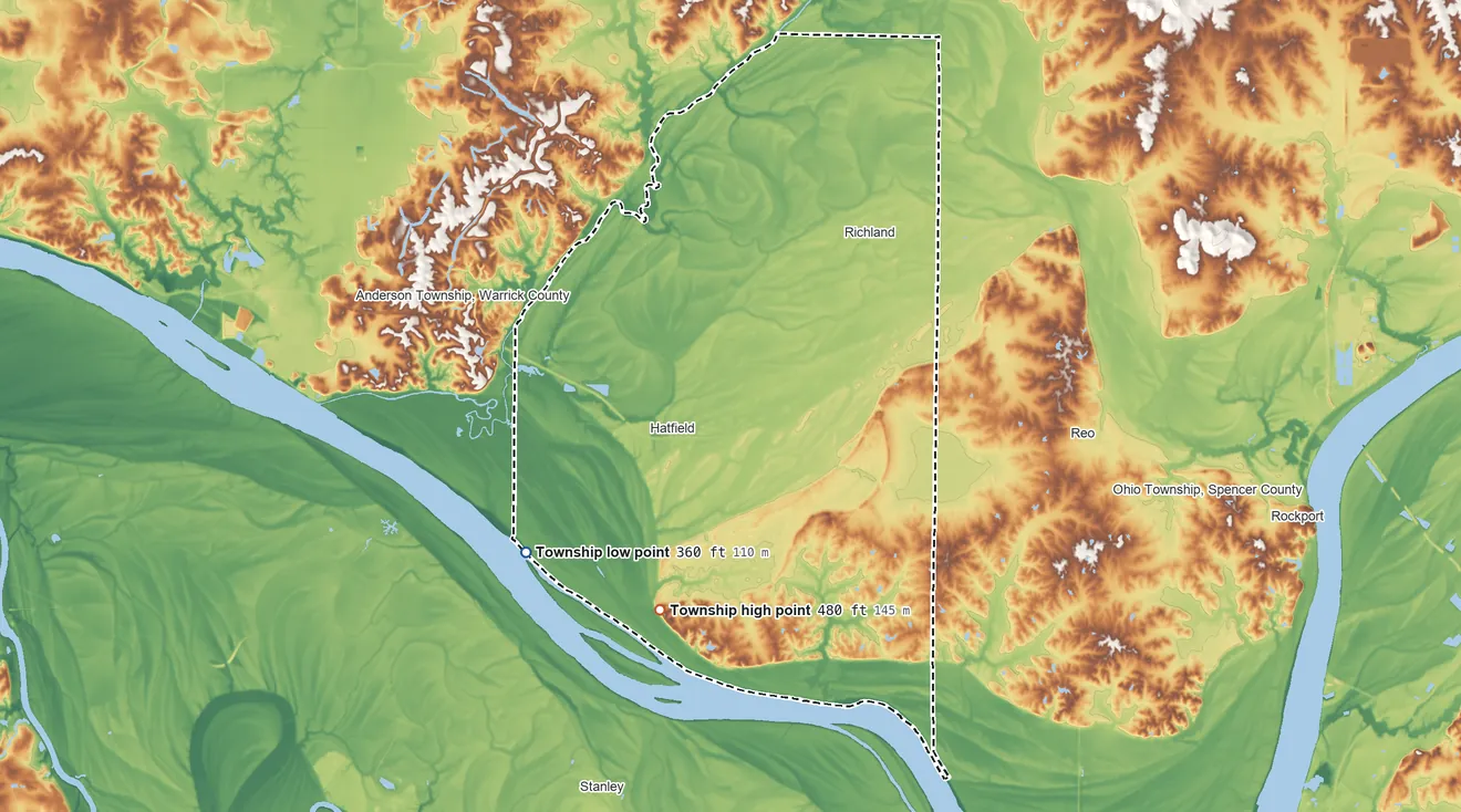 Topographic elevation map of Luce Township, Indiana, shaded from 360 ft on the southwest side to 480 ft on the south side