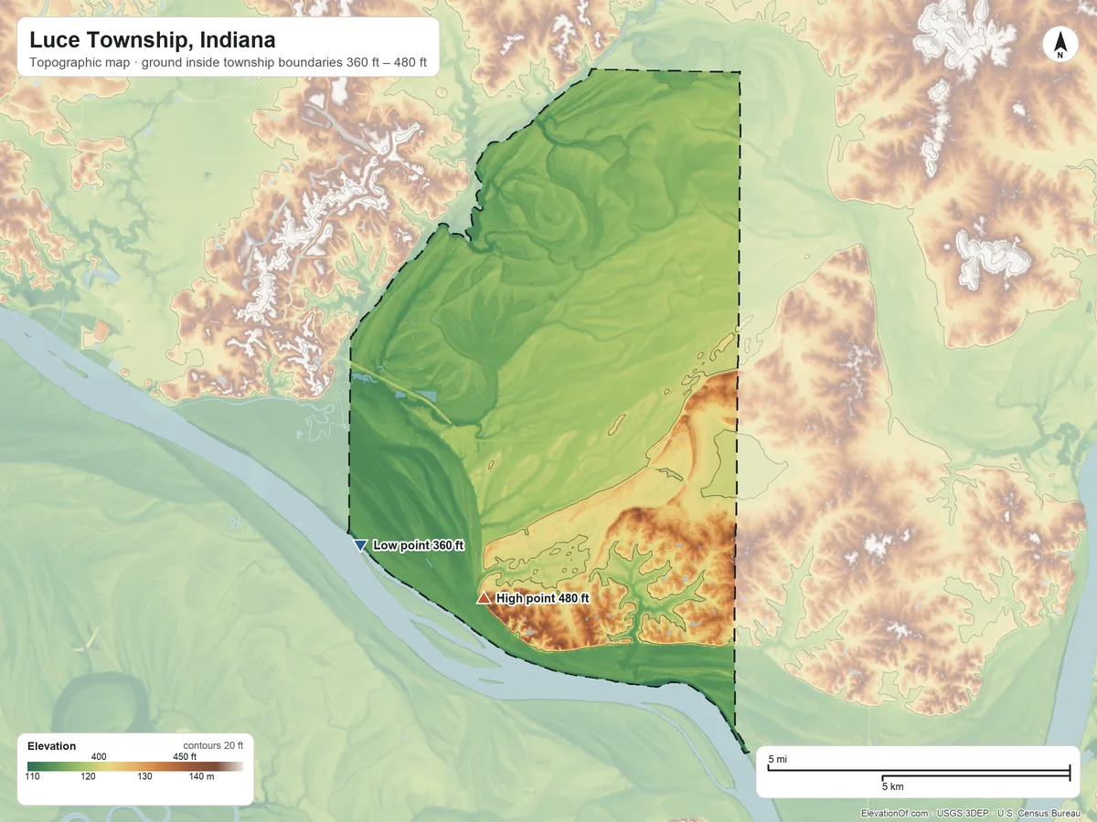 Topographic elevation map of Luce Township, Indiana, shaded from 360 ft on the southwest side to 480 ft on the south side