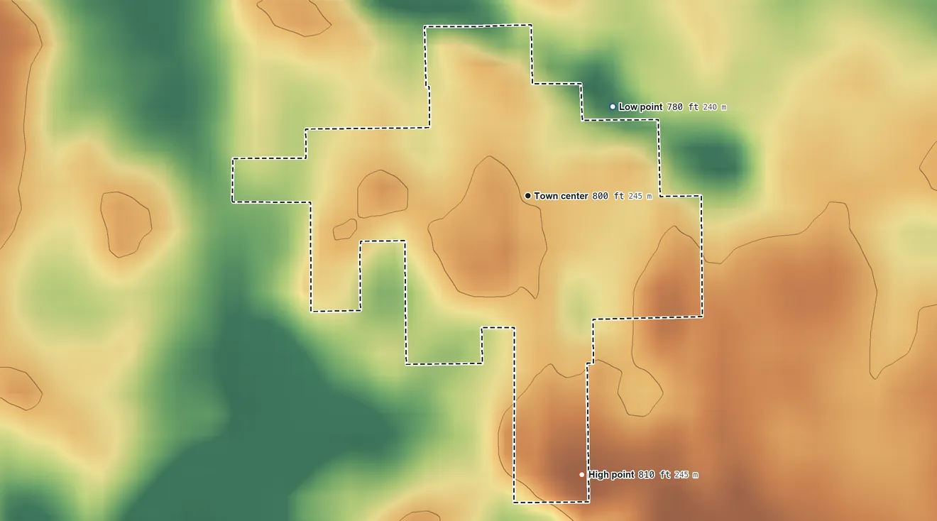 Topographic elevation map of Lucerne, Indiana, shaded from 780 ft on the northeast side to 810 ft on the south side