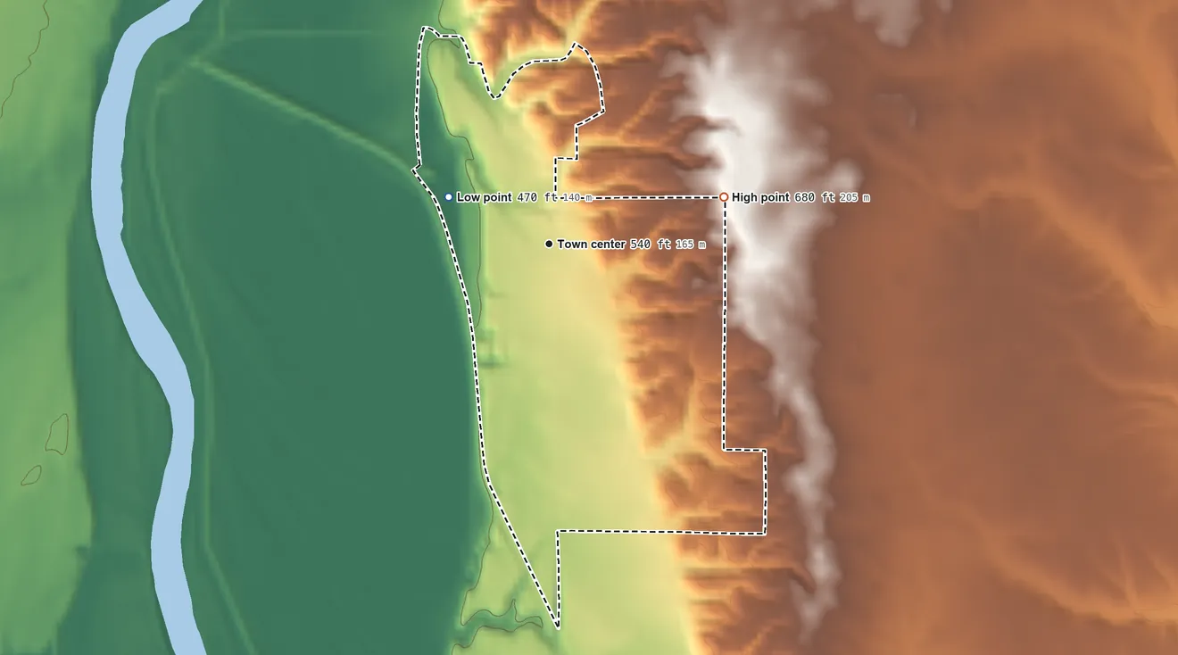 Topographic elevation map of Lyford, Indiana, shaded from 470 ft on the northwest side to 680 ft on the east side