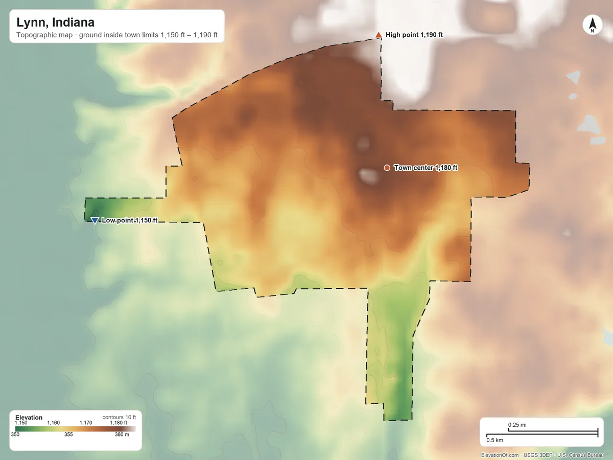 Topographic elevation map of Lynn, Indiana, shaded from 1,150 ft on the west side to 1,190 ft on the north side