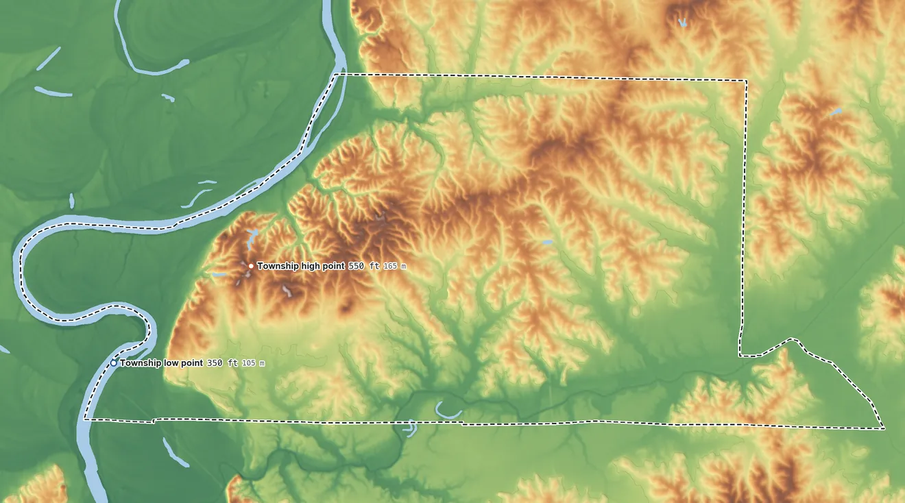 Topographic elevation map of Lynn Township, Indiana, shaded from 350 ft on the west side to 550 ft on the west side