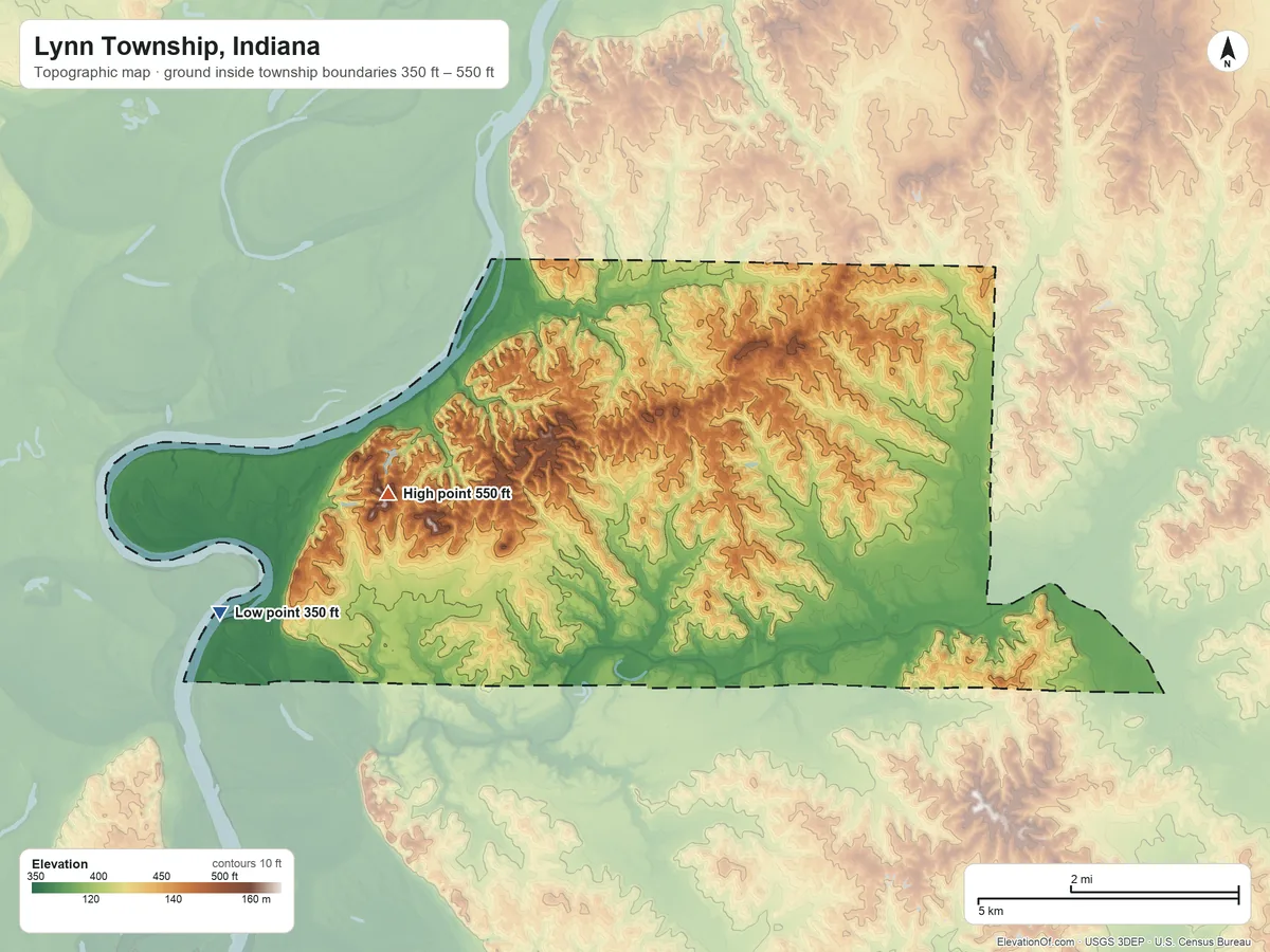 Topographic elevation map of Lynn Township, Indiana, shaded from 350 ft on the west side to 550 ft on the west side