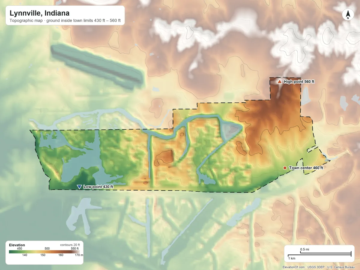 Topographic elevation map of Lynnville, Indiana, shaded from 430 ft on the west side to 560 ft on the north side