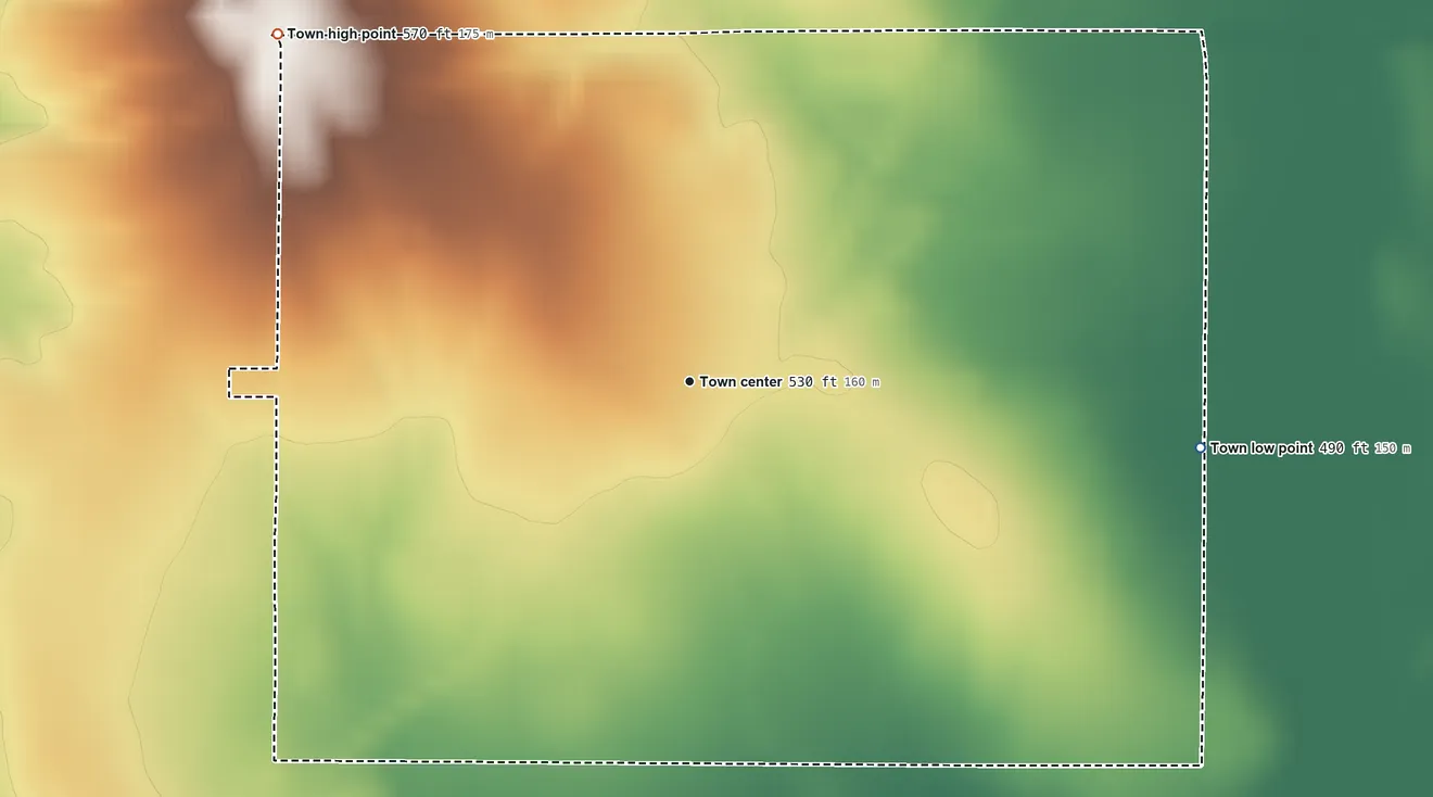 Topographic elevation map of Lyons, Indiana, shaded from 490 ft on the east side to 570 ft on the northwest side