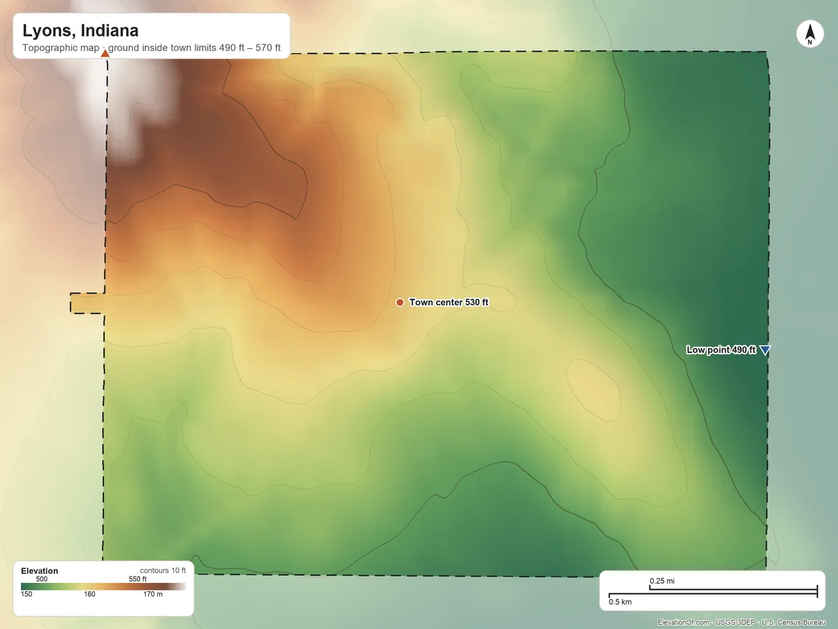 Topographic elevation map of Lyons, Indiana, shaded from 490 ft on the east side to 570 ft on the northwest side