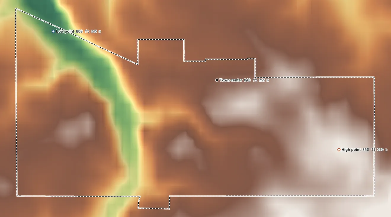 Topographic elevation map of Mace, Indiana, shaded from 800 ft on the west side to 850 ft on the southeast side
