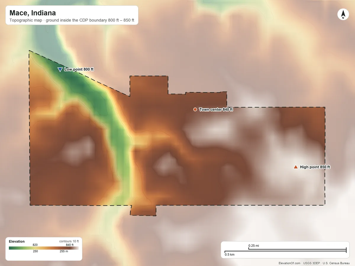 Topographic elevation map of Mace, Indiana, shaded from 800 ft on the west side to 850 ft on the southeast side