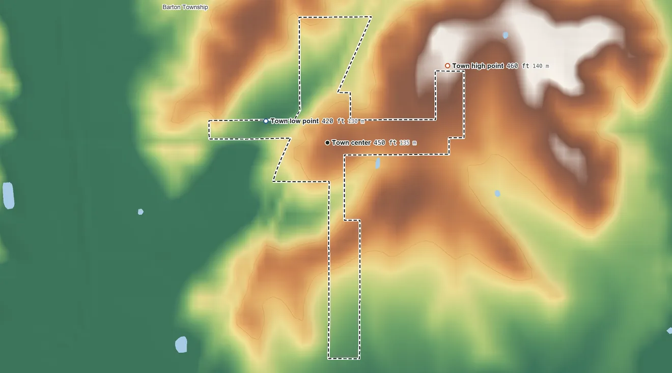 Topographic elevation map of Mackey, Indiana, shaded from 420 ft on the west side to 460 ft on the northeast side