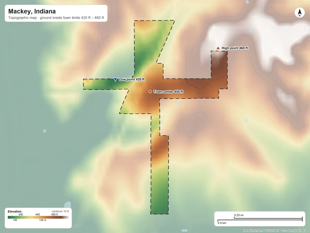 Topographic elevation map of Mackey, Indiana, shaded from 420 ft on the west side to 460 ft on the northeast side