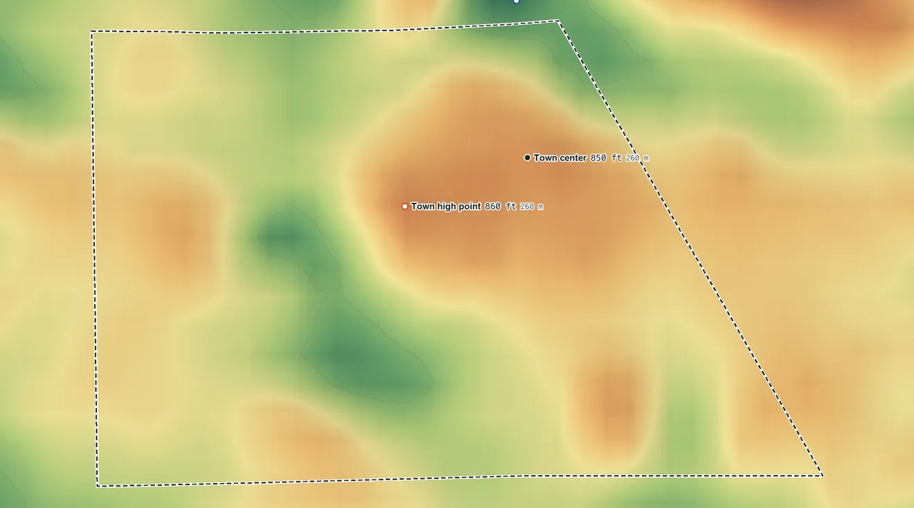 Topographic elevation map of Macy, Indiana, shaded from 830 ft on the north side to 860 ft on the west side