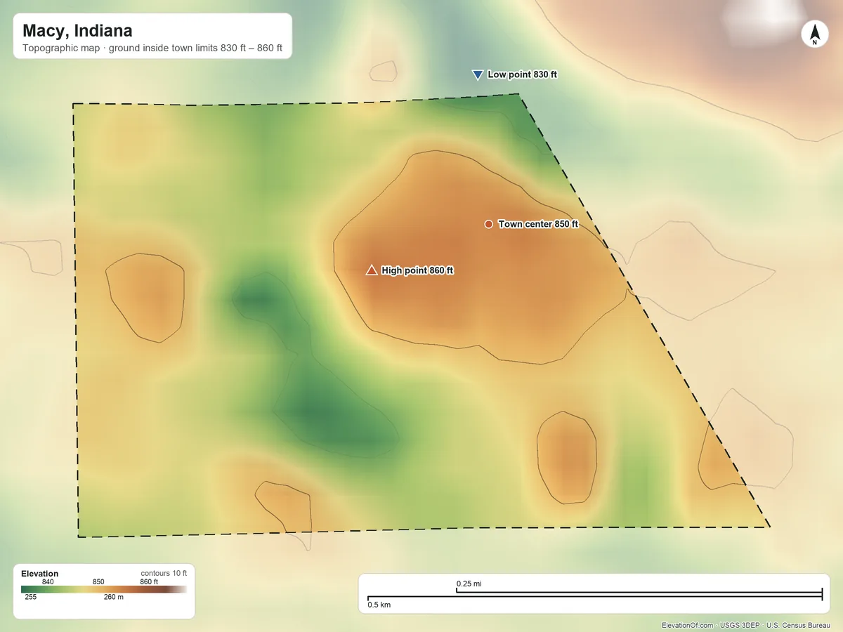 Topographic elevation map of Macy, Indiana, shaded from 830 ft on the north side to 860 ft on the west side