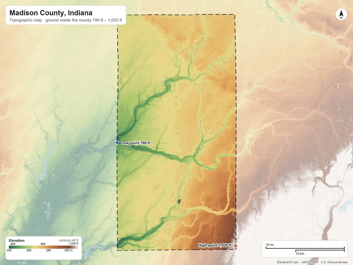 Topographic elevation map of Madison County, Indiana, shaded from 790 ft on the west side to 1,020 ft on the southeast side