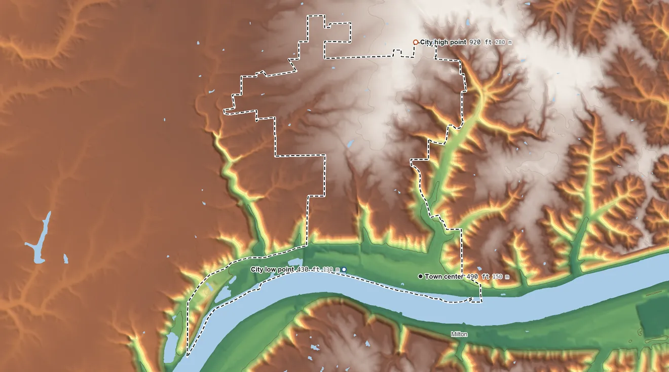 Topographic elevation map of Madison, Indiana, shaded from 430 ft on the west side to 920 ft on the north side