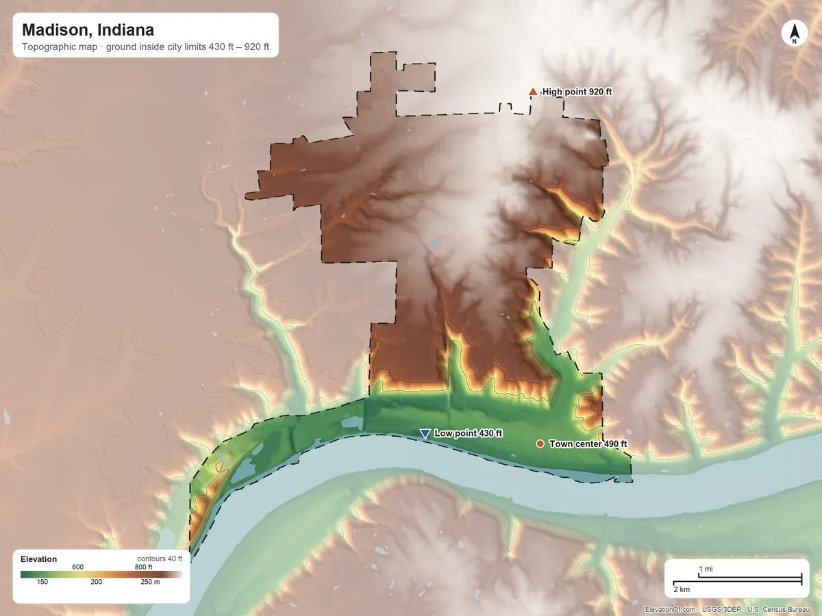 Topographic elevation map of Madison, Indiana, shaded from 430 ft on the west side to 920 ft on the north side