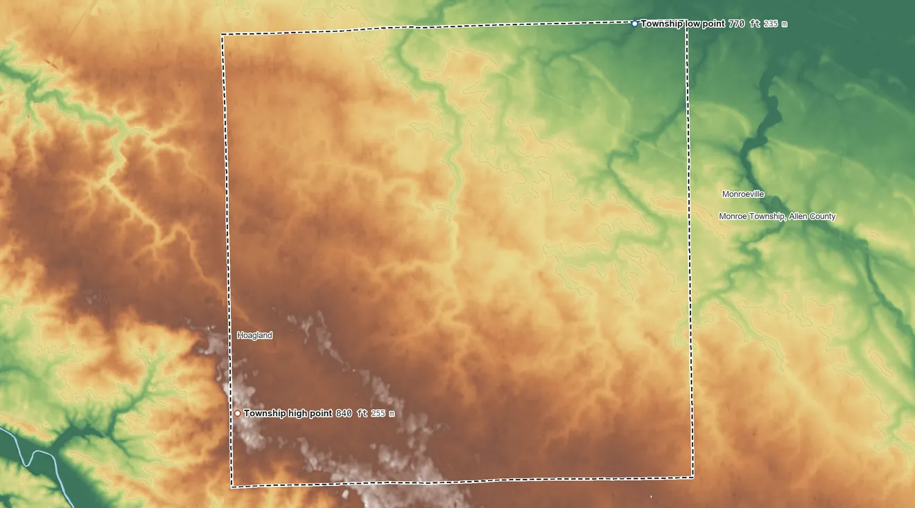 Topographic elevation map of Madison Township, Allen County, Indiana, shaded from 770 ft on the northeast side to 840 ft on the southwest side