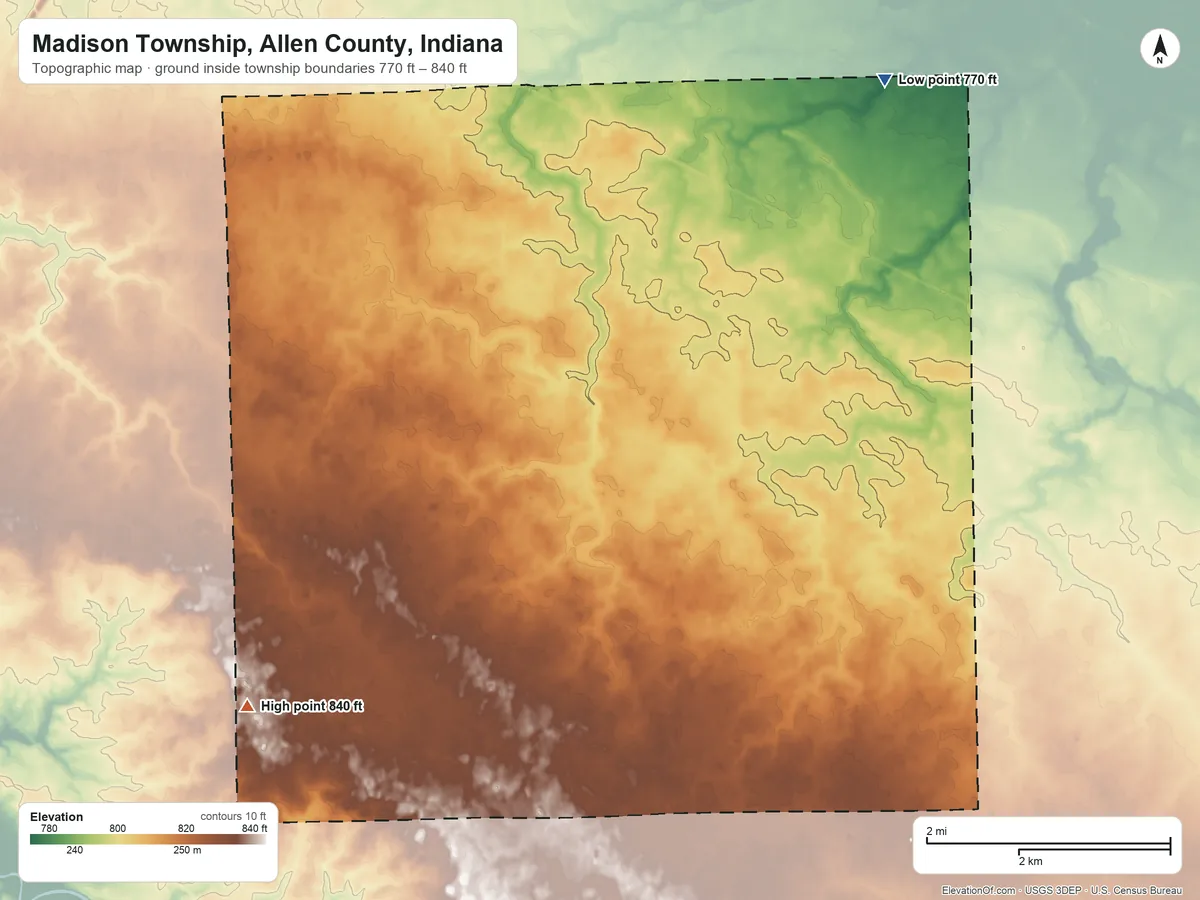 Topographic elevation map of Madison Township, Allen County, Indiana, shaded from 770 ft on the northeast side to 840 ft on the southwest side