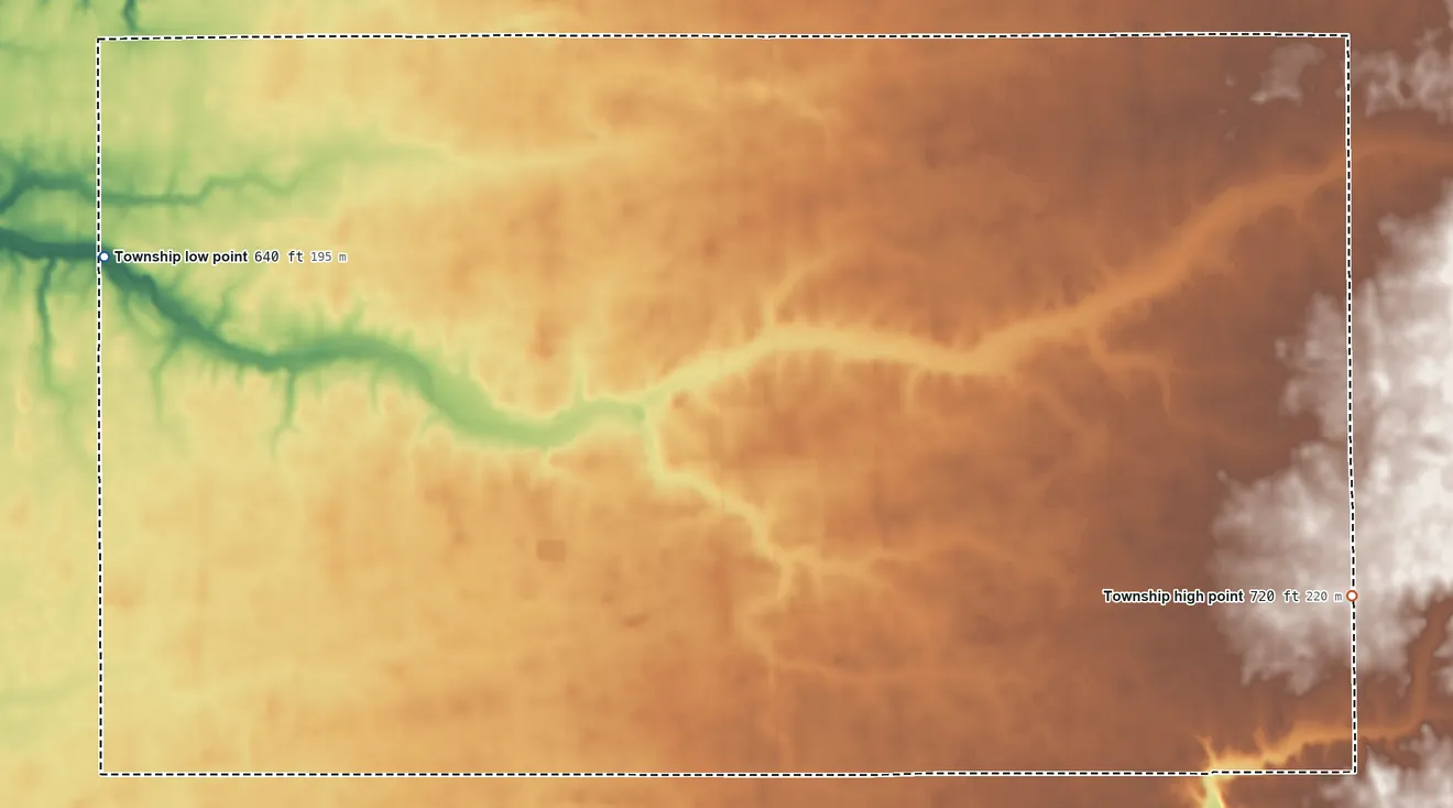 Topographic elevation map of Madison Township, Carroll County, Indiana, shaded from 640 ft on the west side to 720 ft on the east side