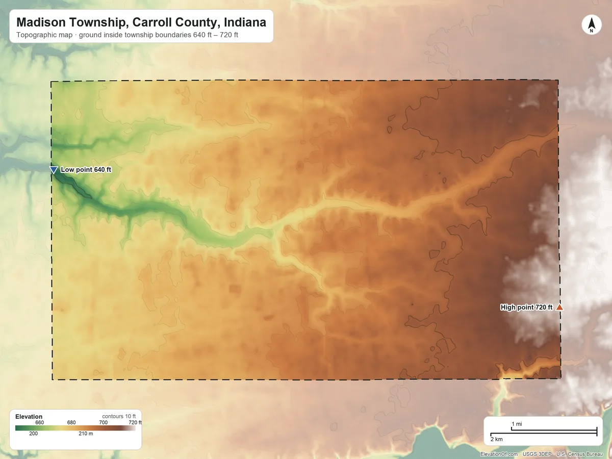 Topographic elevation map of Madison Township, Carroll County, Indiana, shaded from 640 ft on the west side to 720 ft on the east side