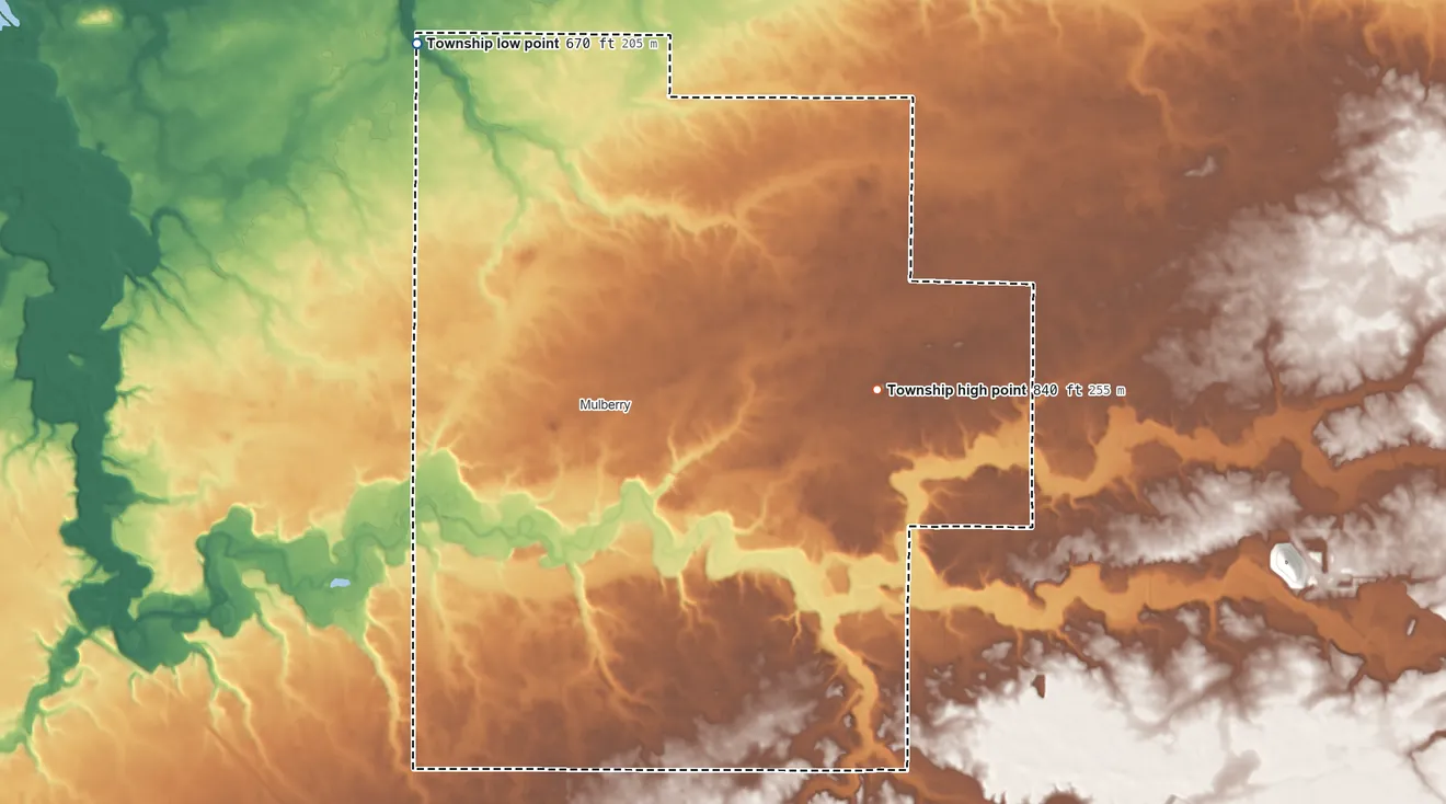 Topographic elevation map of Madison Township, Clinton County, Indiana, shaded from 670 ft on the northwest side to 840 ft on the east side