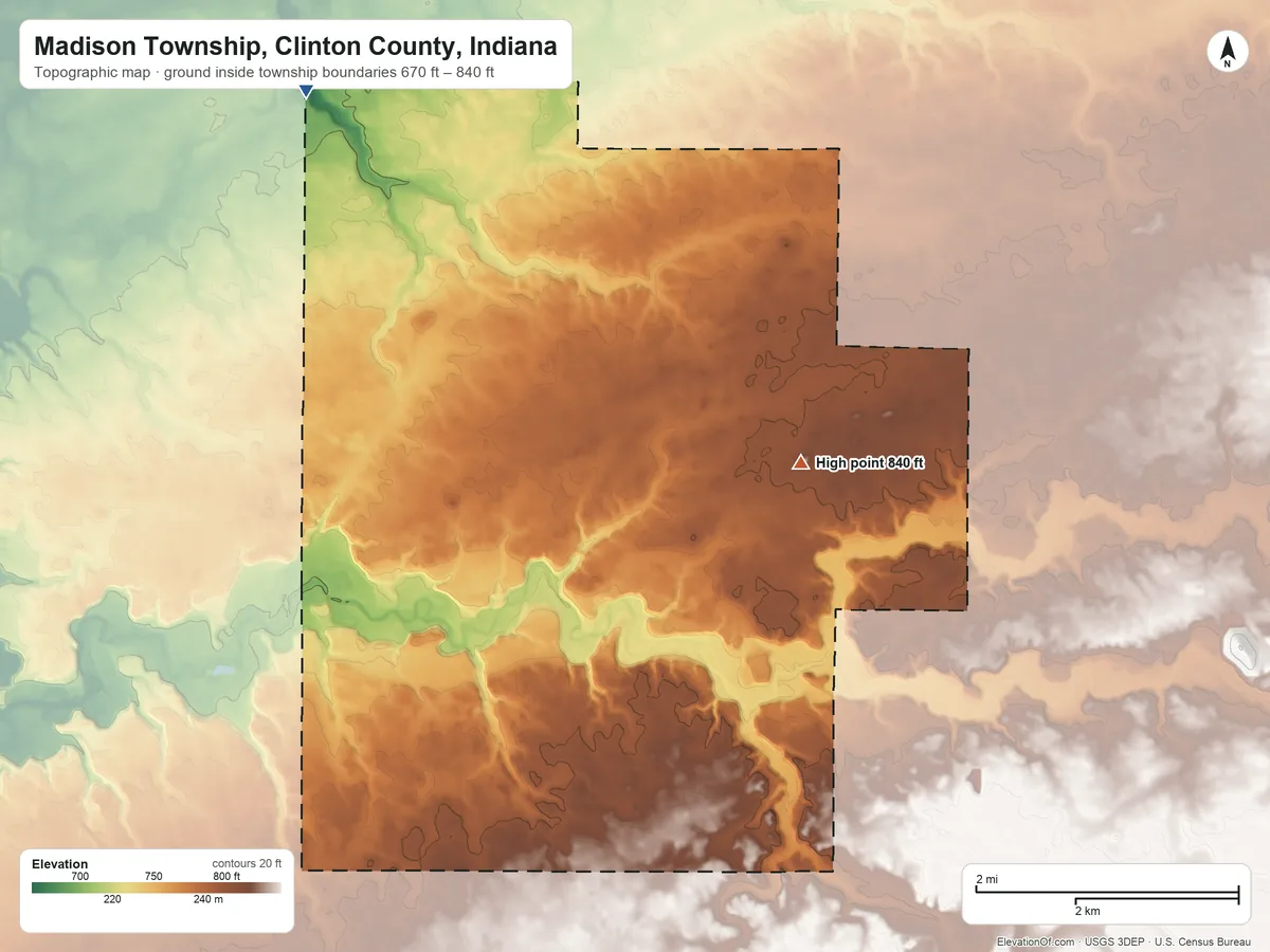 Topographic elevation map of Madison Township, Clinton County, Indiana, shaded from 670 ft on the northwest side to 840 ft on the east side