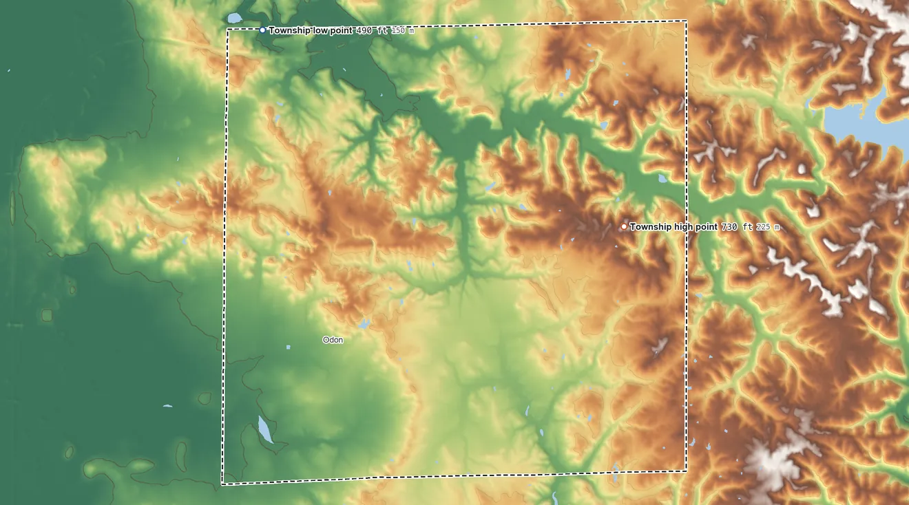 Topographic elevation map of Madison Township, Daviess County, Indiana, shaded from 490 ft on the northwest side to 730 ft on the northeast side
